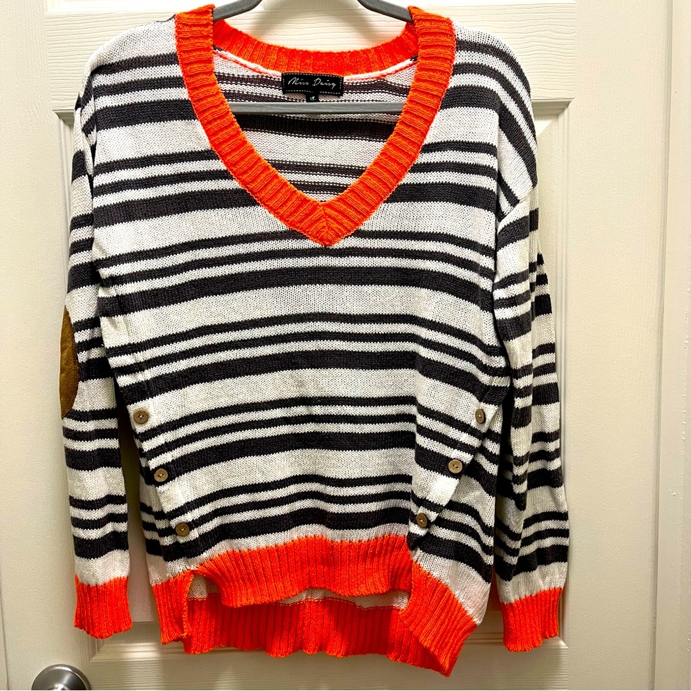 Miss Daisy Medium V-Neck Striped Sweater with Side Buttons and Elbow Pads